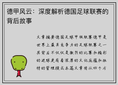 德甲风云：深度解析德国足球联赛的背后故事
