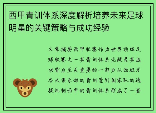 西甲青训体系深度解析培养未来足球明星的关键策略与成功经验