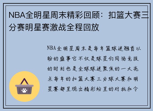 NBA全明星周末精彩回顾：扣篮大赛三分赛明星赛激战全程回放