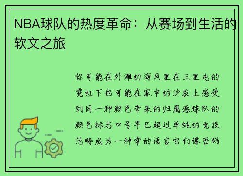 NBA球队的热度革命：从赛场到生活的软文之旅