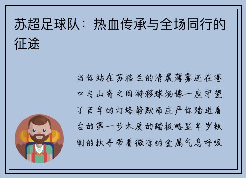 苏超足球队：热血传承与全场同行的征途